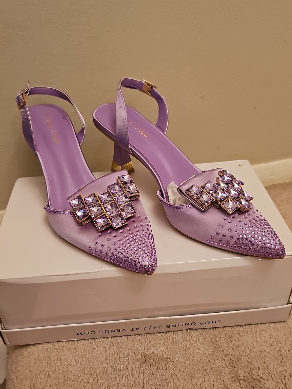 Lavender Crystal-Embellished Pointed Slingback Heels